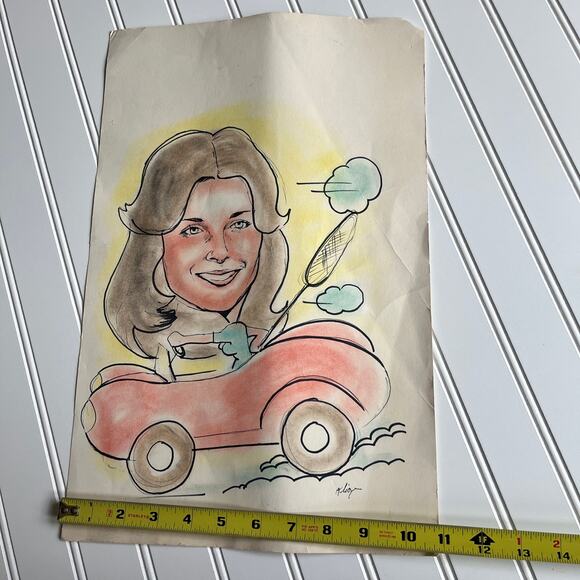 Vintage Original Caricature portrait drawing Women in Red Car 70's 80's Romcom - Picture 7 of 9